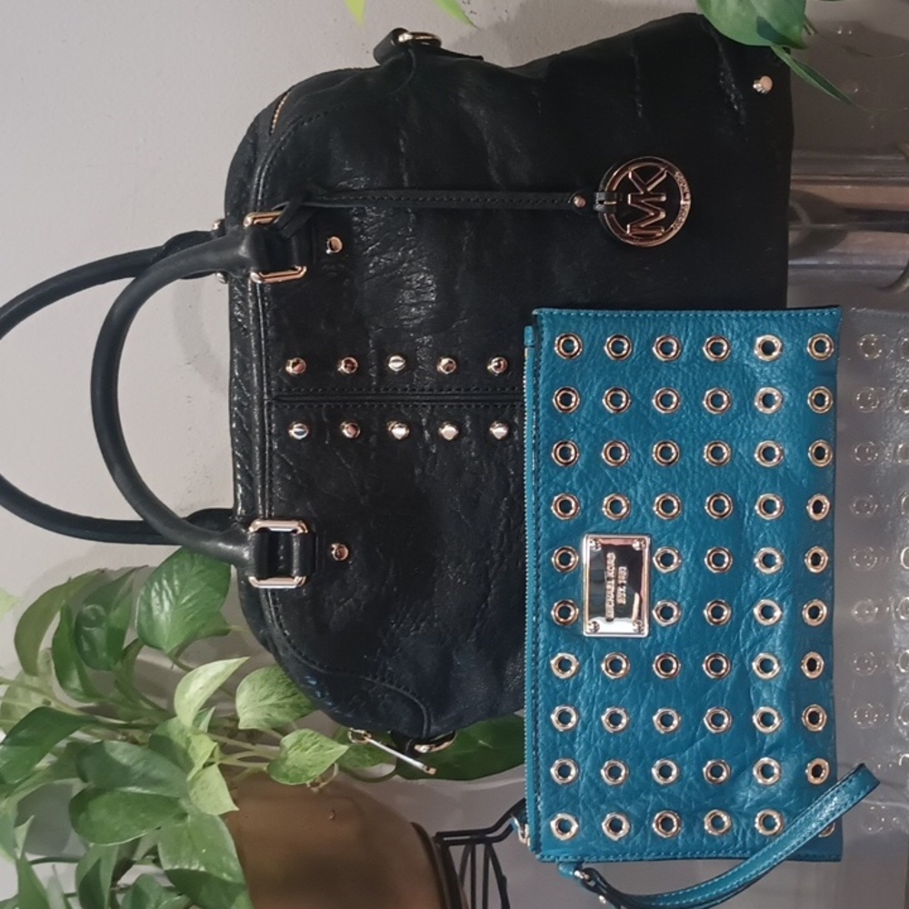 Michael Kors Black Astor Studded Leather Shoulder Bag and Teal Studded Wristlet